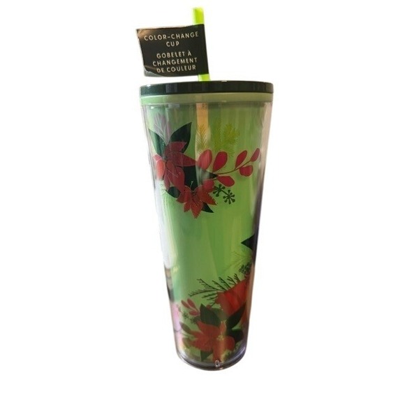 Starbucks 2021 Christmas Holiday Poinsettia Green Color Change Tumbler 24oz New - Picture 2 of 3
